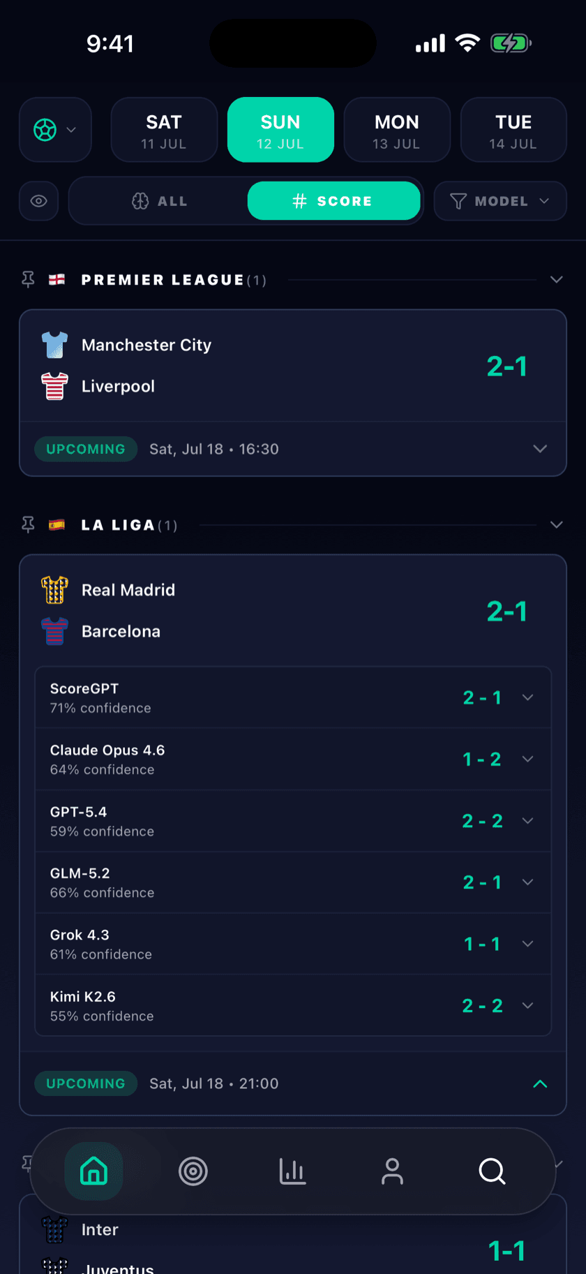 Every AI model’s scoreline pick and its confidence for the same match in the ScoreGPT app