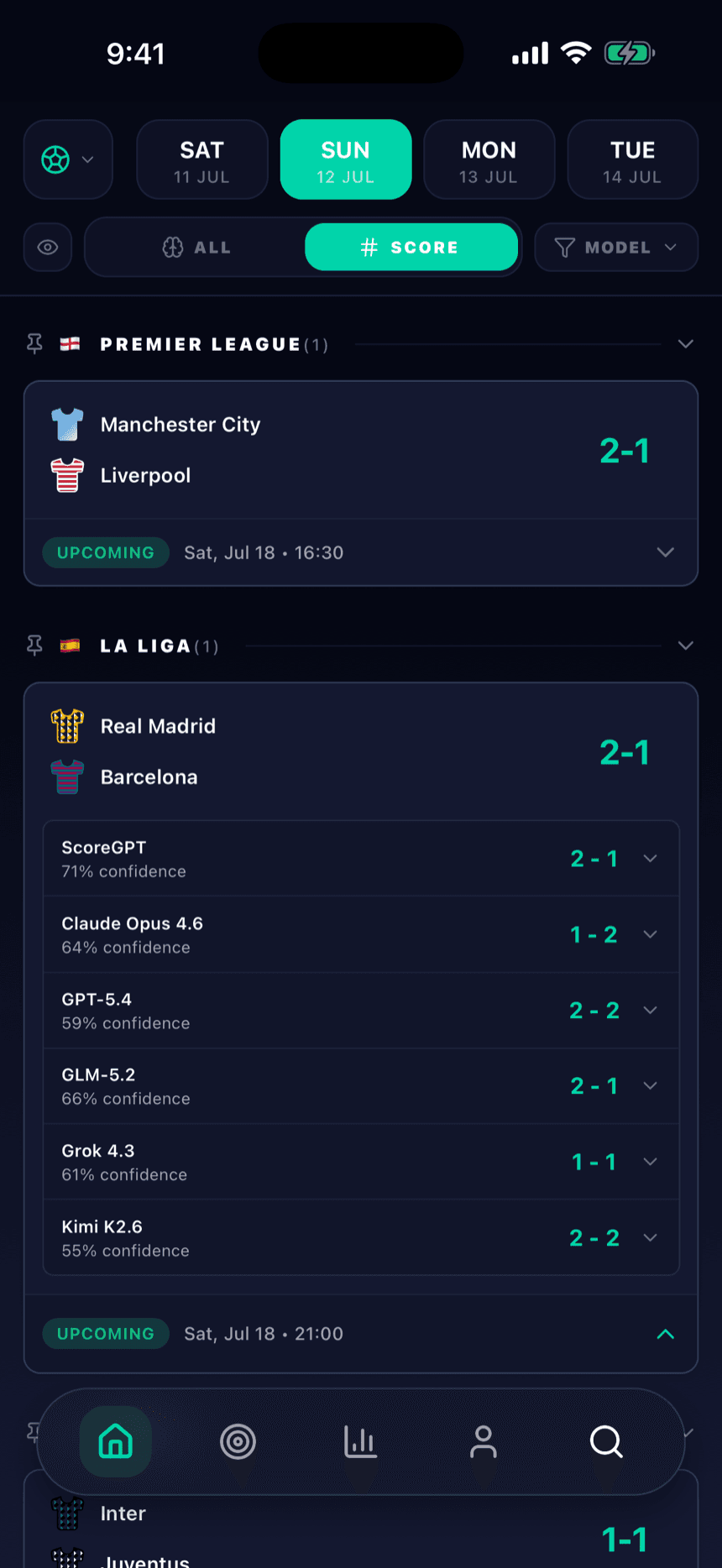 Every AI model’s scoreline pick and its confidence for the same match in the ScoreGPT app