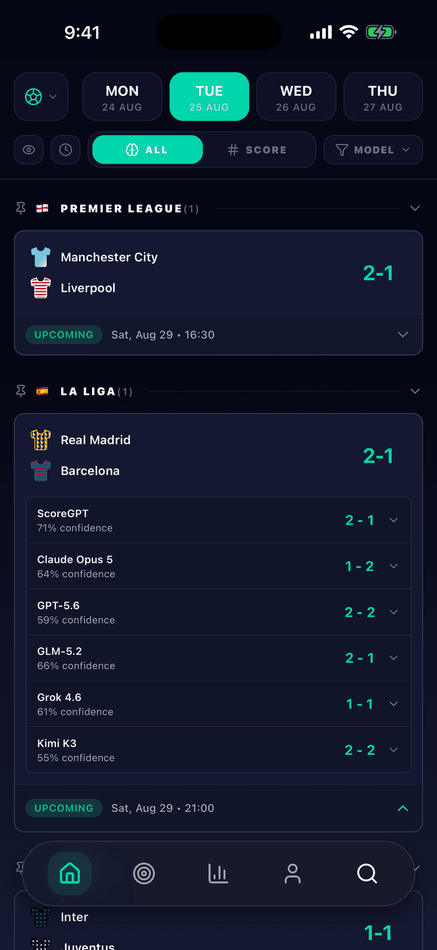 Every AI model’s scoreline pick and its confidence for the same match in the ScoreGPT app