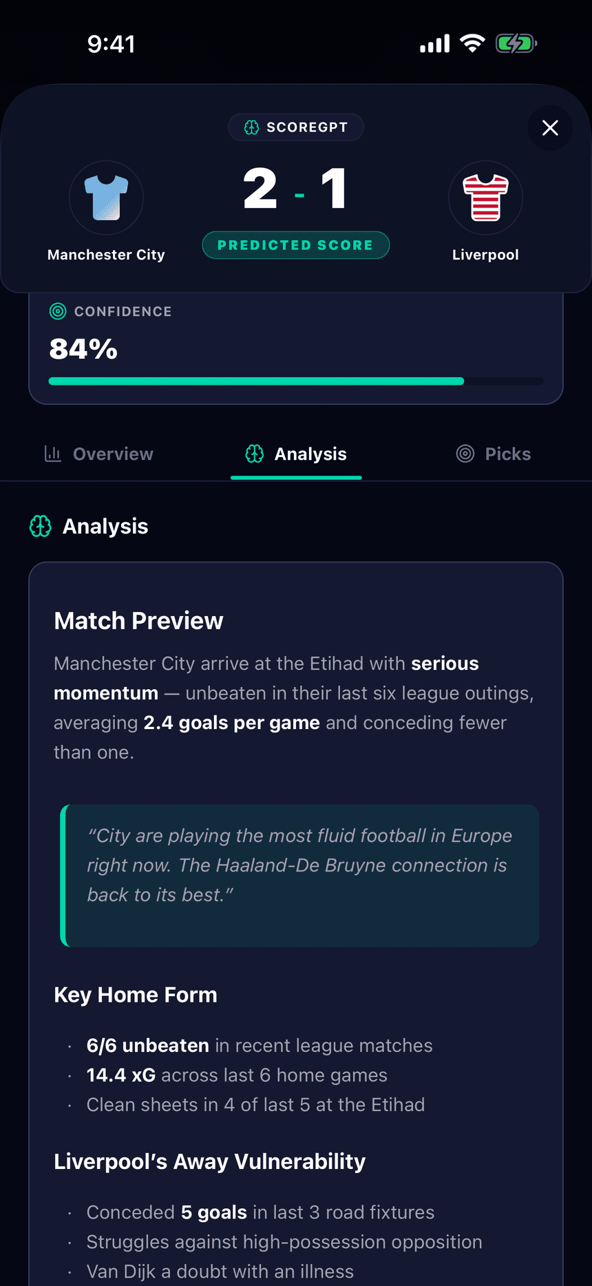 Analyse-Screen mit vorhergesagtem Ergebnis, Sicherheit, Schlüsselfaktoren und geschriebener Spielvorschau